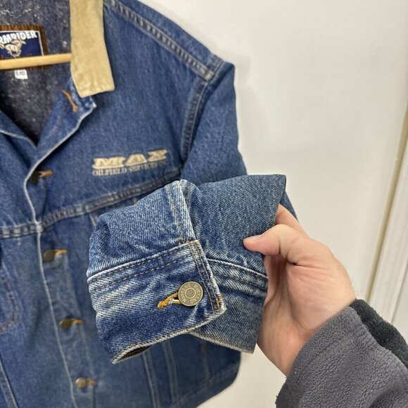 Mustang Stormrider Men L Blanket Lined Denim Jacket Blue Oilfield Logo - Picture 2 of 11